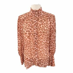 Sheer Pink & Brown Leopard Print Button-Up Blouse